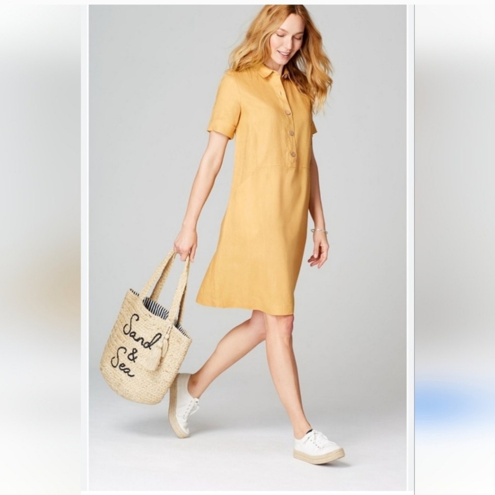 J. JILL Love Linen 100% Linen Mustard Yellow Wooden Buttons Collar Pockets XL